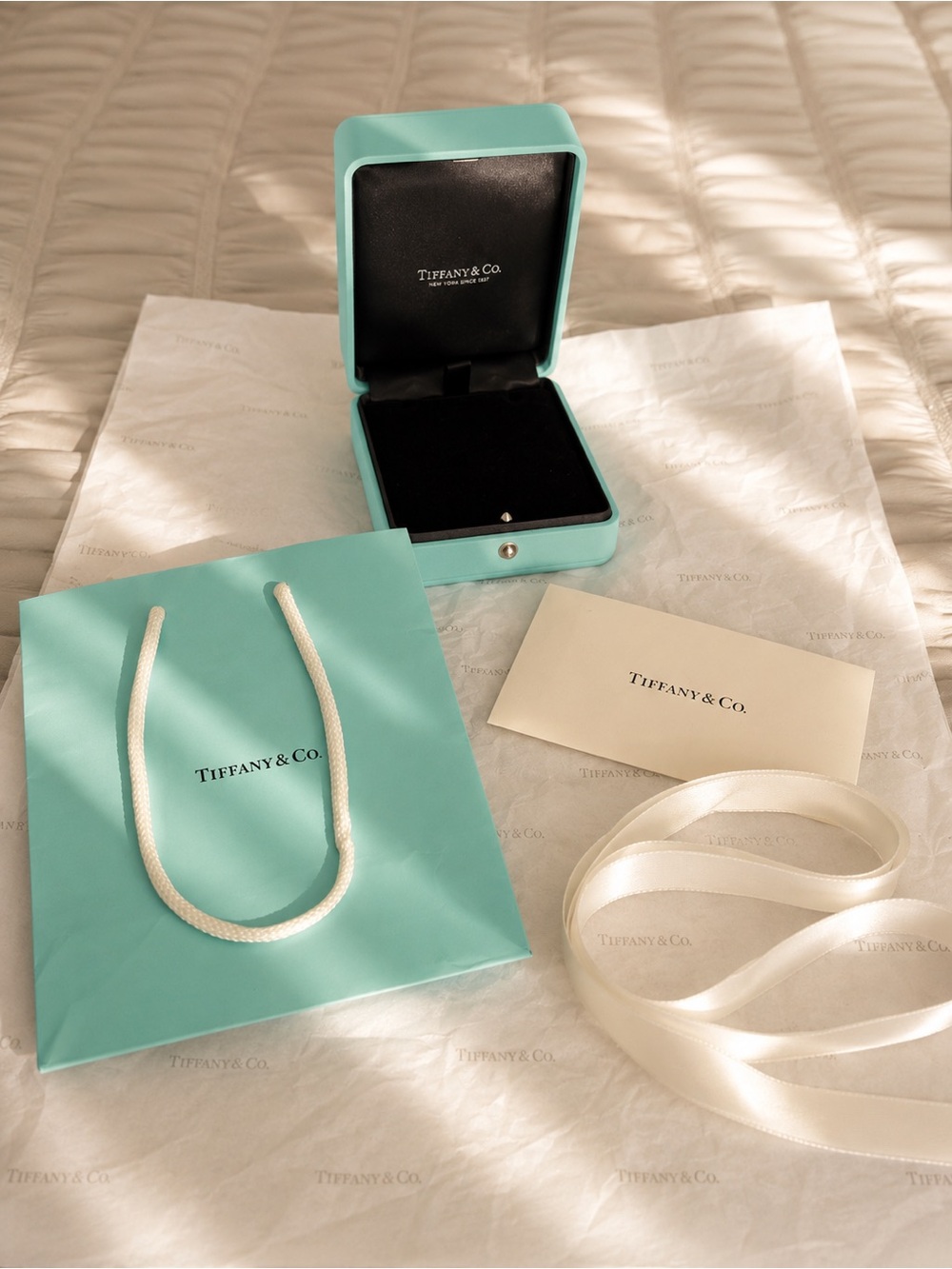 Tiffany & Co Leather Jewelry Box, Small Bag, Ribbon, Envelope/Card & Gift Tissue